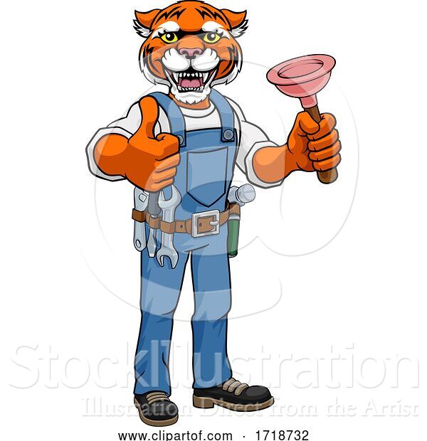 Vector Illustration of Cartoon Tiger Plumber Mascot Holding Plunger