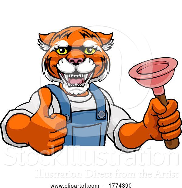 Vector Illustration of Cartoon Tiger Plumber Mascot Holding Plunger