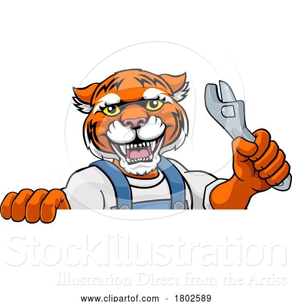 Vector Illustration of Cartoon Tiger Plumber or Mechanic Holding Spanner