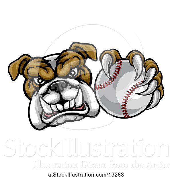 Vector Illustration of Cartoon Tough Bulldog Monster Mascot Holding out a Baseball in One Clawed Paw