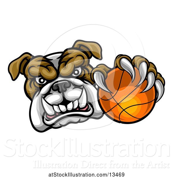 Vector Illustration of Cartoon Tough Bulldog Monster Mascot Holding out a Basketball in One Clawed Paw