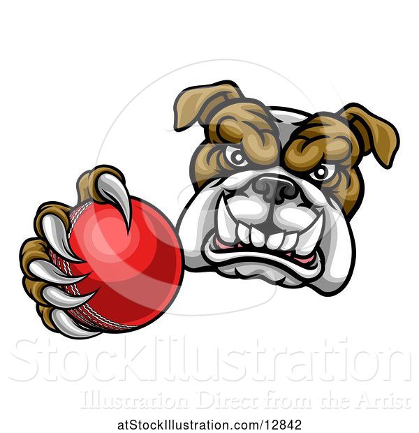 Vector Illustration of Cartoon Tough Bulldog Monster Mascot Holding out a Cricket Ball in One Clawed Paw