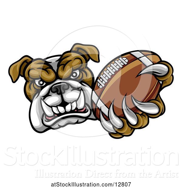 Vector Illustration of Cartoon Tough Bulldog Monster Mascot Holding out a Football in One Clawed Paw