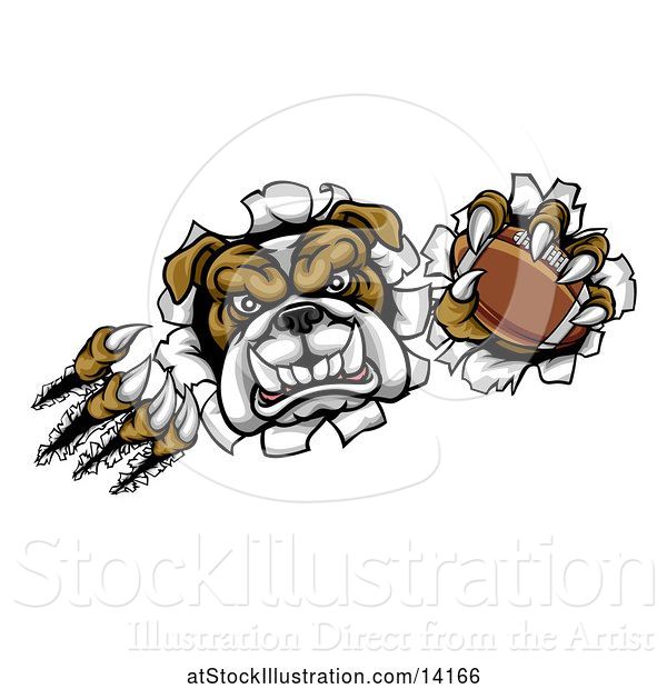 Vector Illustration of Cartoon Tough Bulldog Monster Shredding Through a Wall with a Football in One Hand