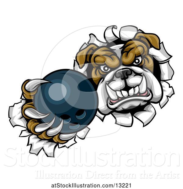 Vector Illustration of Cartoon Tough Bulldog Monster Sports Mascot Holding out a Bowling Ball in One Clawed Paw and Breaking Through a Wall