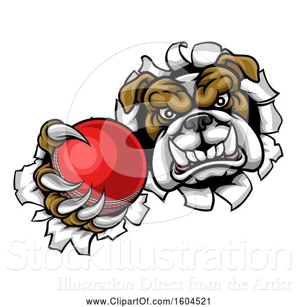 Vector Illustration of Cartoon Tough Bulldog Monster Sports Mascot Holding out a Cricket Ball in One Clawed Paw and Breaking Through a Wall