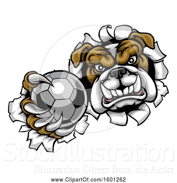 Vector Illustration of Cartoon Tough Bulldog Monster Sports Mascot Holding out a Soccer Ball in One Clawed Paw and Breaking Through a Wall