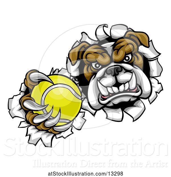 Vector Illustration of Cartoon Tough Bulldog Monster Sports Mascot Holding out a Tennis Ball in One Clawed Paw and Breaking Through a Wall