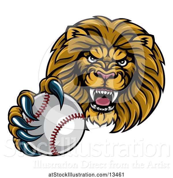 Vector Illustration of Cartoon Tough Lion Monster Mascot Holding out a Baseball in One Clawed Paw