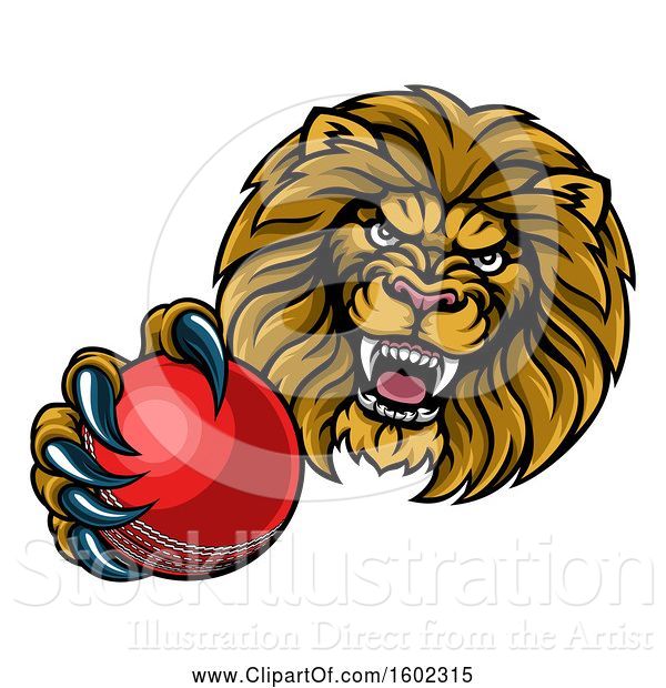 Vector Illustration of Cartoon Tough Lion Monster Mascot Holding out a Cricket Ball in One Clawed Paw