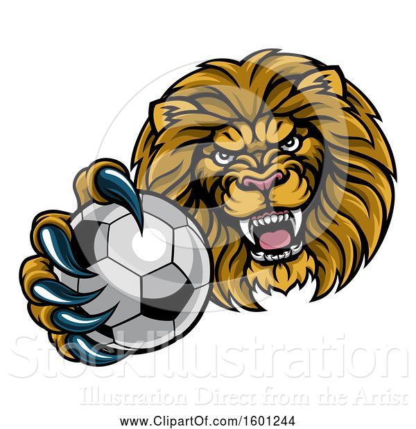 Vector Illustration of Cartoon Tough Lion Monster Mascot Holding out a Soccer Ball in One Clawed Paw