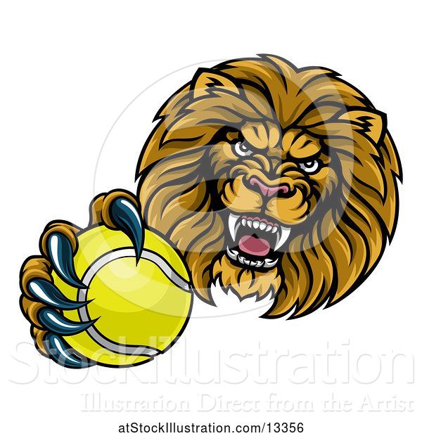 Vector Illustration of Cartoon Tough Lion Monster Mascot Holding out a Tennis Ball in One Clawed Paw