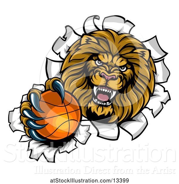 Vector Illustration of Cartoon Tough Lion Sports Mascot Holding out a Basketball and Breaking Through a Wall