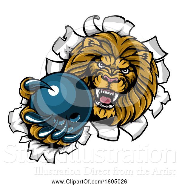 Vector Illustration of Cartoon Tough Lion Sports Mascot Holding out a Bowling Ball and Breaking Through a Wall