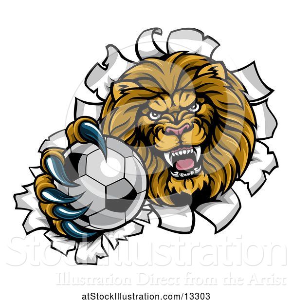 Vector Illustration of Cartoon Tough Lion Sports Mascot Holding out a Soccer Ball and Breaking Through a Wall