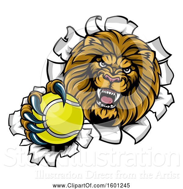 Vector Illustration of Cartoon Tough Lion Sports Mascot Holding out a Tennis Ball and Breaking Through a Wall