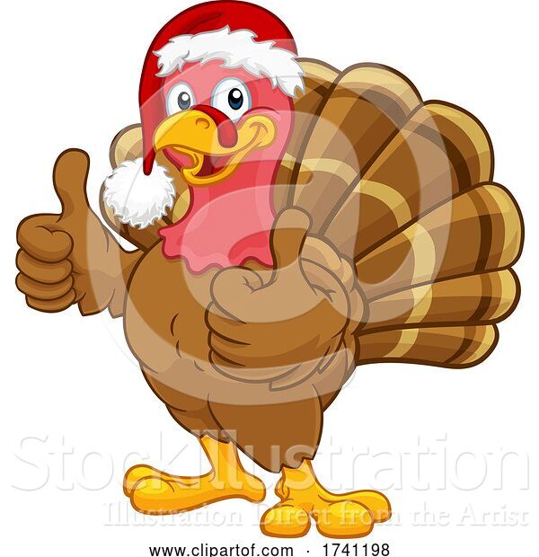 Vector Illustration of Cartoon Turkey in Santa Hat Christmas Thanksgiving Cartoon