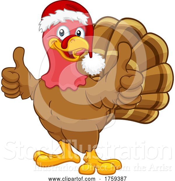 Vector Illustration of Cartoon Turkey in Santa Hat Christmas Thanksgiving Cartoon