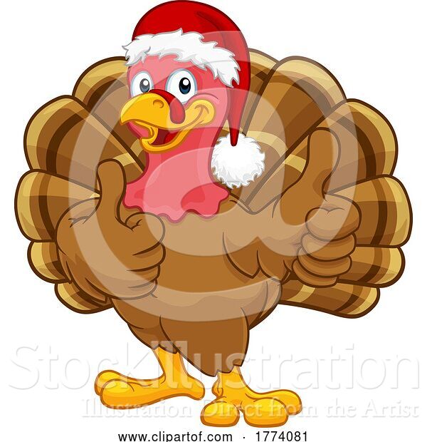 Vector Illustration of Cartoon Turkey in Santa Hat Christmas Thanksgiving Cartoon