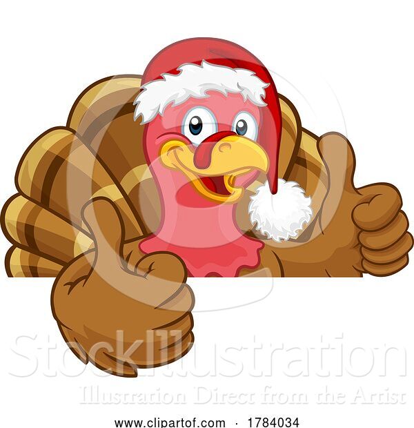 Vector Illustration of Cartoon Turkey in Santa Hat Christmas Thanksgiving Cartoon