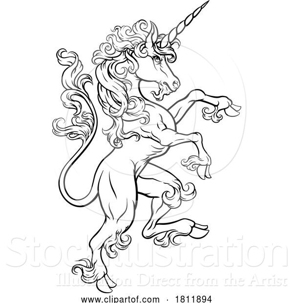 Vector Illustration of Cartoon Unicorn Horse Crest Rampant Heraldic Coat of Arms