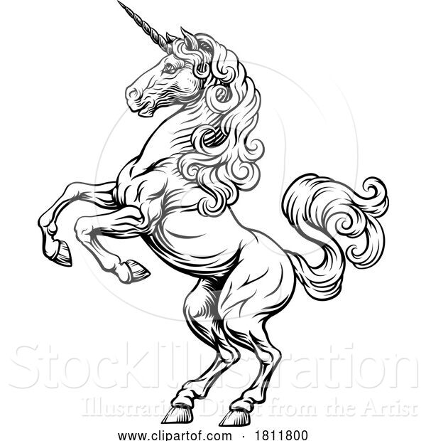 Vector Illustration of Cartoon Unicorn Horse Crest Rampant Heraldic Coat of Arms