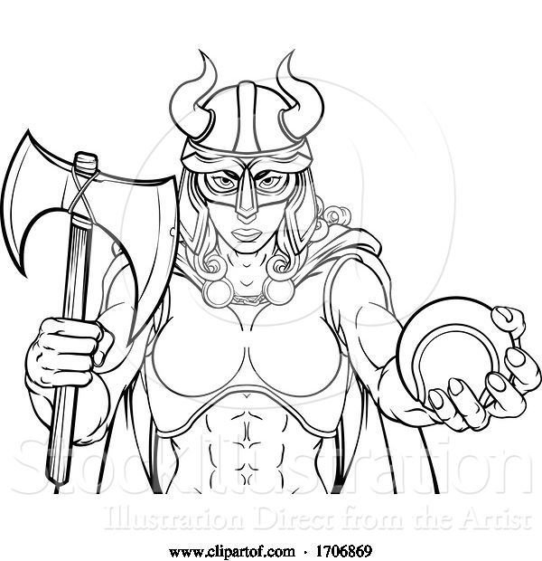 Vector Illustration of Cartoon Viking Female Gladiator Tennis Warrior Lady