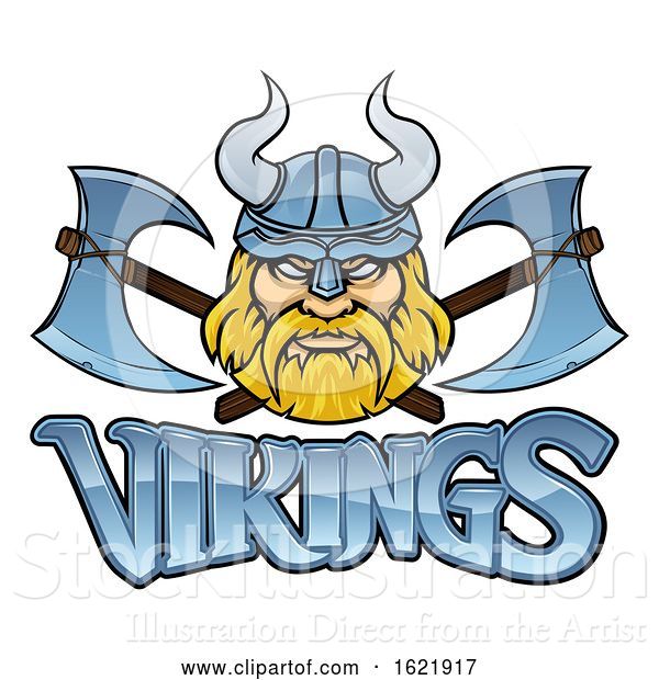Vector Illustration of Cartoon Viking Warrior Mascot Crossed Axes Sign Graphic