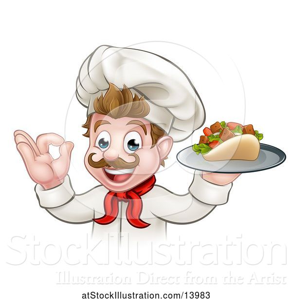Vector Illustration of Cartoon White Male Chef Holding a Kebab Sandwich on a Tray and Gesturing Okay