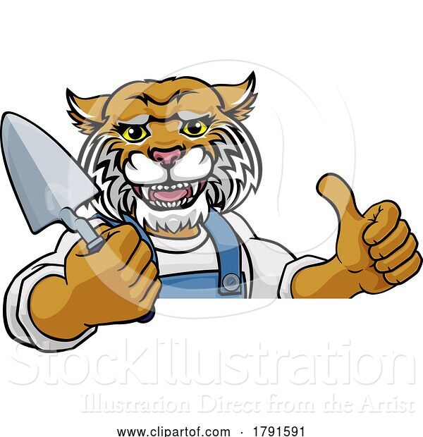 Vector Illustration of Cartoon Wildcat Bricklayer Builder Holding Trowel Tool