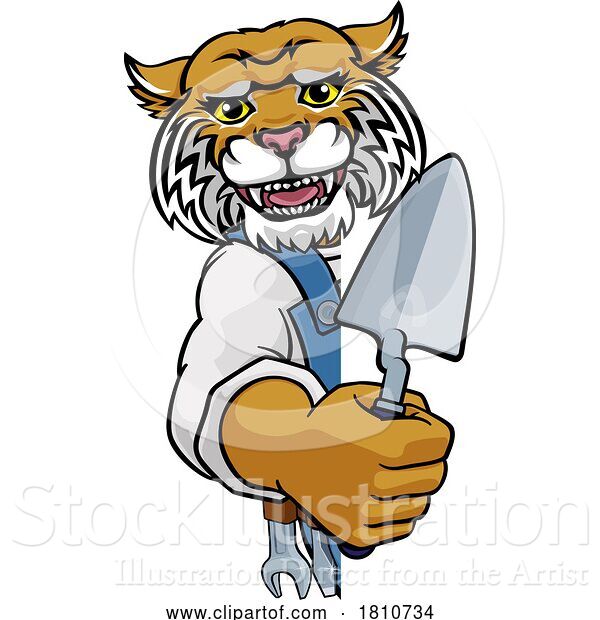 Vector Illustration of Cartoon Wildcat Bricklayer Builder Holding Trowel Tool