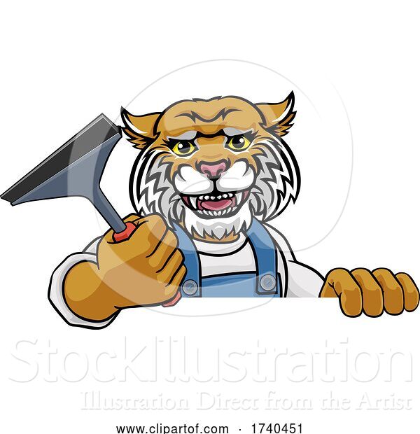 Vector Illustration of Cartoon Wildcat Car or Window Cleaner Holding Squeegee