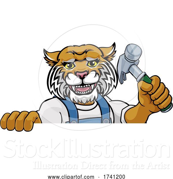 Vector Illustration of Cartoon Wildcat Carpenter Handyman Builder Holding Hammer