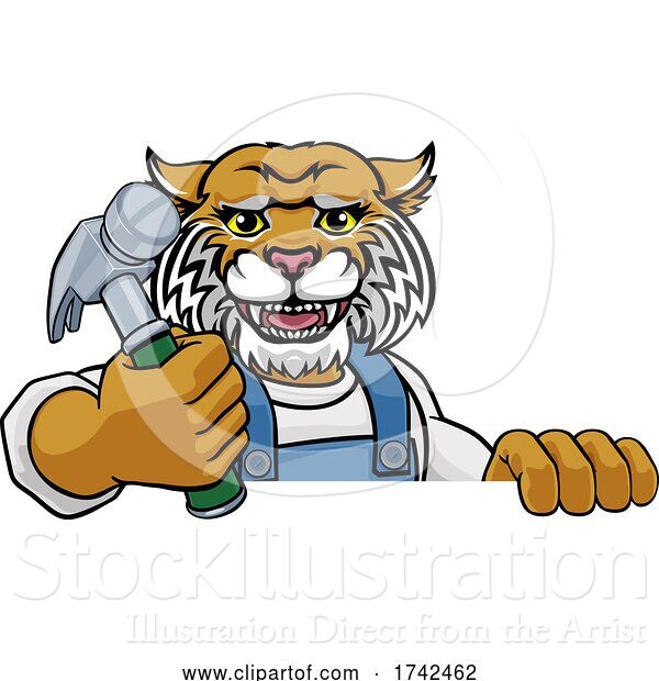 Vector Illustration of Cartoon Wildcat Carpenter Handyman Builder Holding Hammer