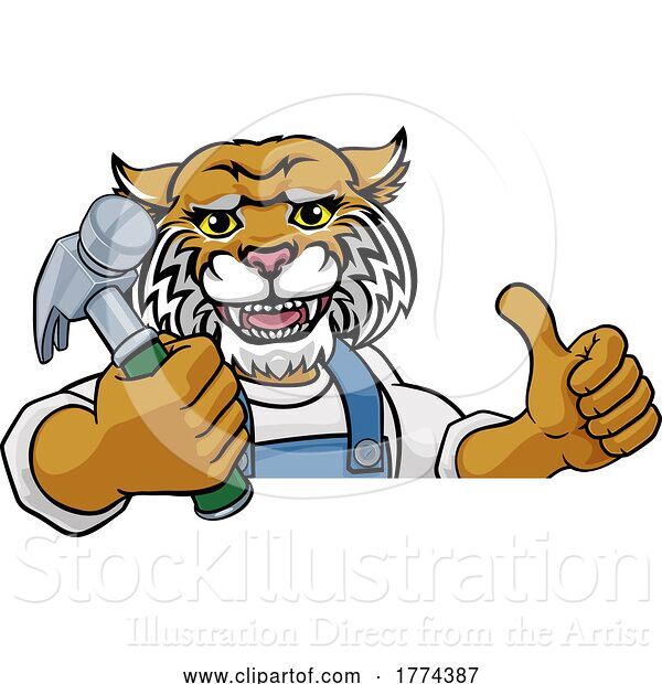 Vector Illustration of Cartoon Wildcat Carpenter Handyman Builder Holding Hammer