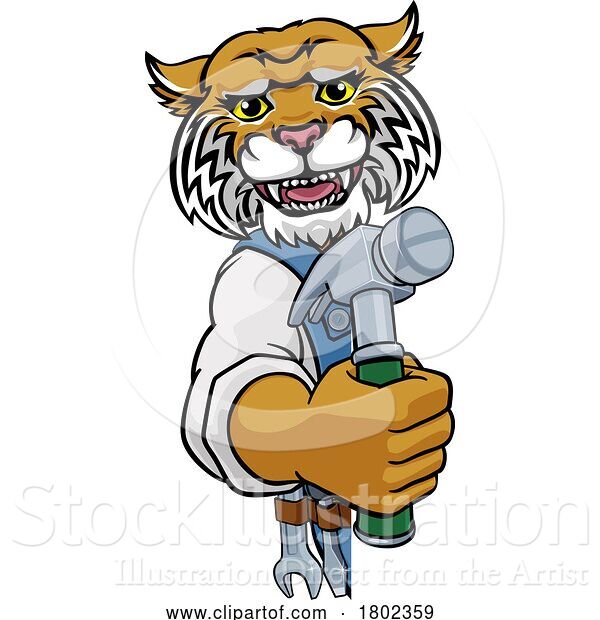 Vector Illustration of Cartoon Wildcat Carpenter Handyman Builder Holding Hammer