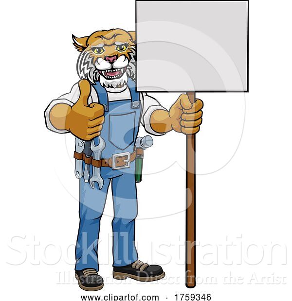 Vector Illustration of Cartoon Wildcat Mascot Handyman Holding Sign