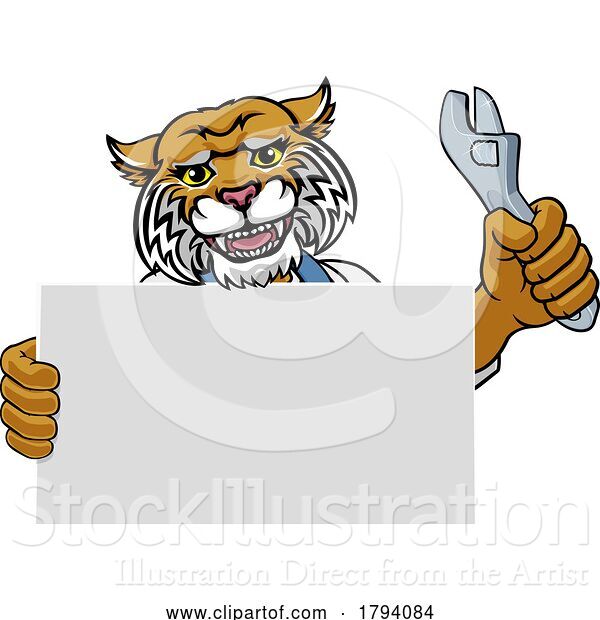 Vector Illustration of Cartoon Wildcat Mechanic Plumber Spanner Wrench Handyman