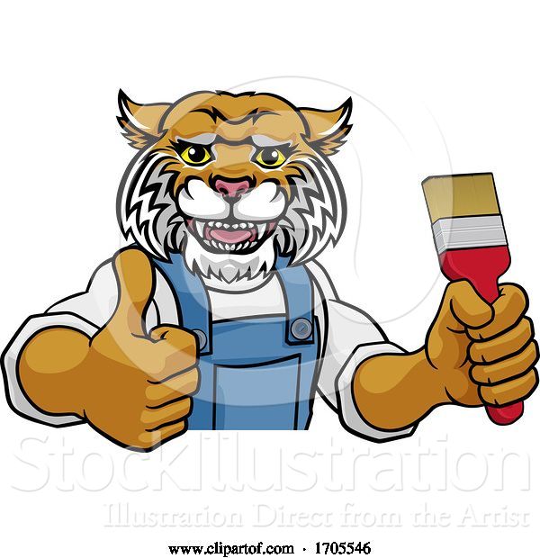 Vector Illustration of Cartoon Wildcat Painter Decorator Holding Paintbrush
