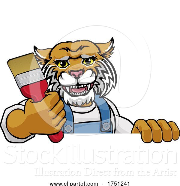 Vector Illustration of Cartoon Wildcat Painter Decorator Holding Paintbrush