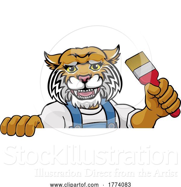 Vector Illustration of Cartoon Wildcat Painter Decorator Holding Paintbrush