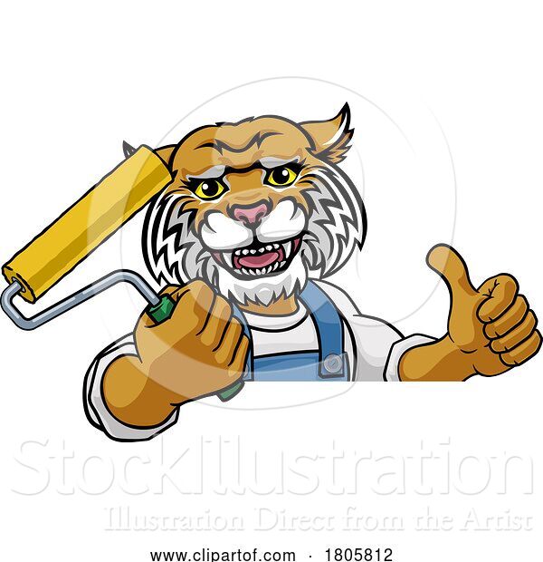 Vector Illustration of Cartoon Wildcat Painter Decorator Paint Roller Mascot Guy