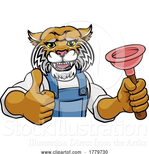 Vector Illustration of Cartoon Wildcat Plumber Mascot Holding Plunger