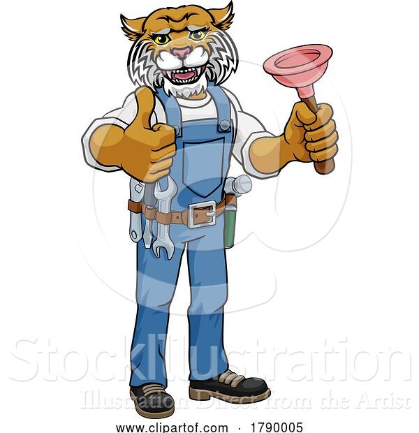 Vector Illustration of Cartoon Wildcat Plumber Mascot Holding Plunger