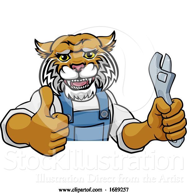 Vector Illustration of Cartoon Wildcat Plumber or Mechanic Holding Spanner