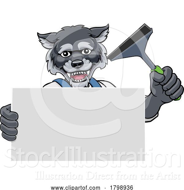 Vector Illustration of Cartoon Window Cleaner Wolf Dog Car Wash Cleaning Mascot