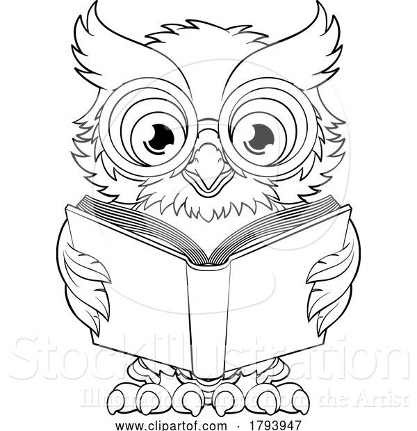Vector Illustration of Cartoon Wise Old Owl Cute Character Reading Book