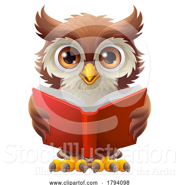 Vector Illustration of Cartoon Wise Owl Cute Character Reading Book