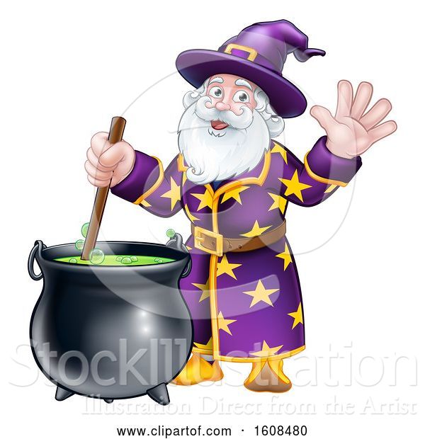 Vector Illustration of Cartoon Wizard Mixing a Potion and Waving