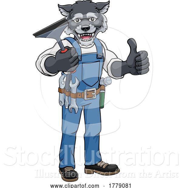 Vector Illustration of Cartoon Wolf Car or Window Cleaner Holding Squeegee